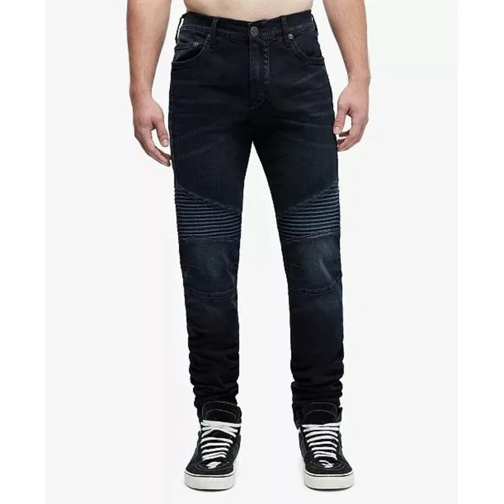 True Religion Mens 38 Rocco Classic Slim Moto Jeans Blue Black Ribbed‎ 36x33